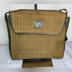 SOLD!!Vintage Fendi Khaki Canvas And Green Leather Shoulder Bag Good Condition